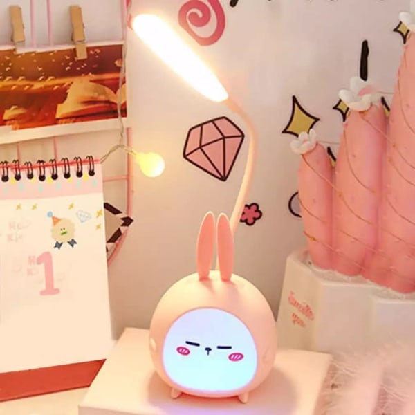Bærbar LED-skrivebordslampe med natlys Sød kanin, foldbar USB-opladningslæselampe til børn i soveværelset Sengestue (Pink kanin)