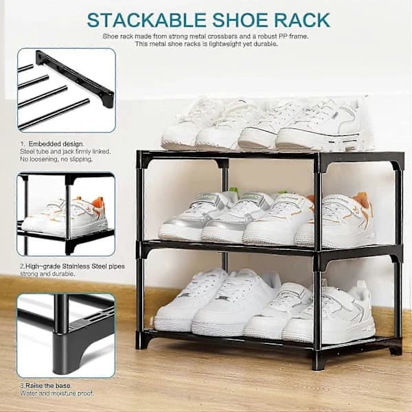 Small Shoe Rack, 3-Tier Small Shoe Rack, Mini Shoe Organizers, Narrow Stackable Shelf Storage Shoe Rack Organizer for Hallway, Bedroom, Quick Mo...
