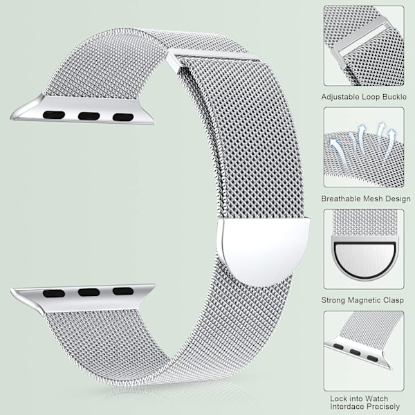 Marge Plus Apple Watch Rem til Kvinder og Mænd, Rustfrit Stål Mesh Loop Magnetisk Spænde Udskiftning til iWatch Remme (41mm/40mm/38mm, Sølv).