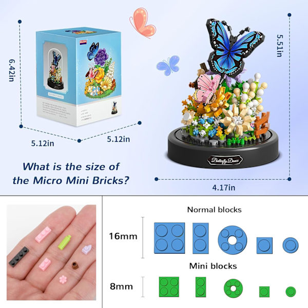 Blombukett Byggsats för Vuxna, 530 PCS Djur Blommor Botanisk Samling Mini Byggklossar Set, Alla Hjärtans Dag för Hennes Mamma(Fjäril)