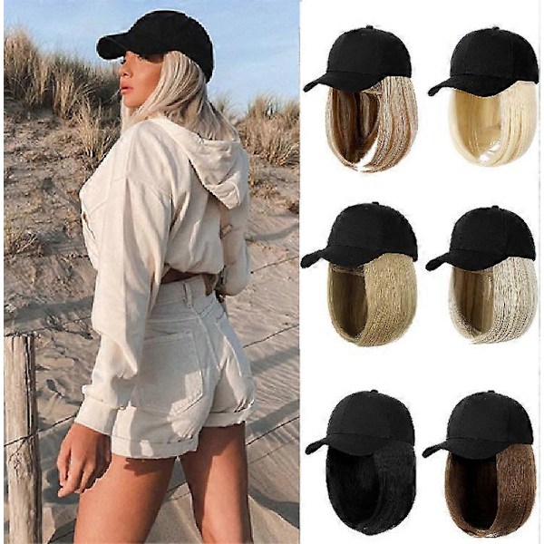 Baseballcaps med Hårextensions Rett Kort Bobfrisyre Justerbar Avtakbar Parykkhatt 35 cm for Kvinner Jente Medium Bleket Blond-Rett Hår