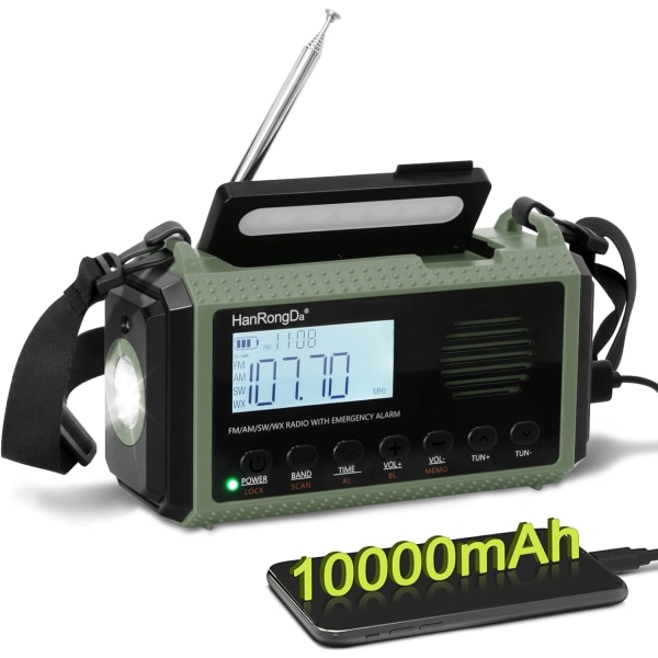 10000mAh NOAA Nødveiv Værradio, Håndsveiv, Batteridrevet, USB-lader, SOS-alarm