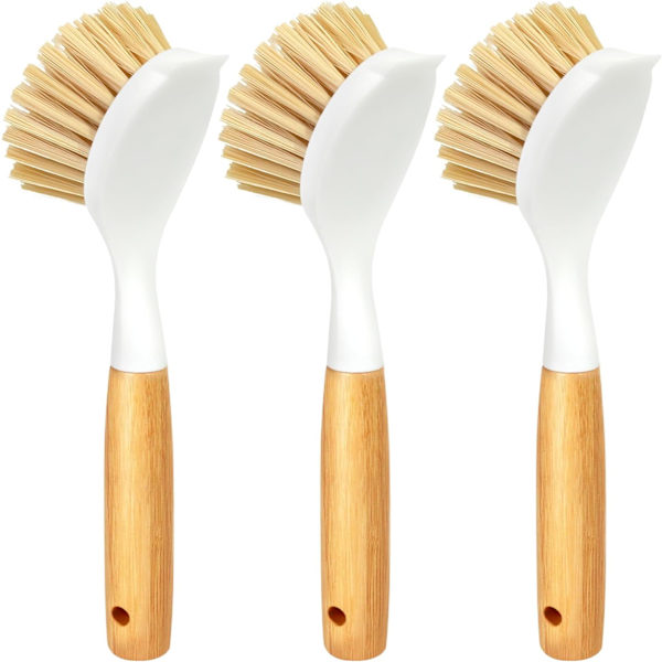 Holikme 3-pack diskborste set med bambuhandtag, köksskrubb borste för rengöring av gryta, panna, diskho och spis, skrubber med medelstora borst, gul