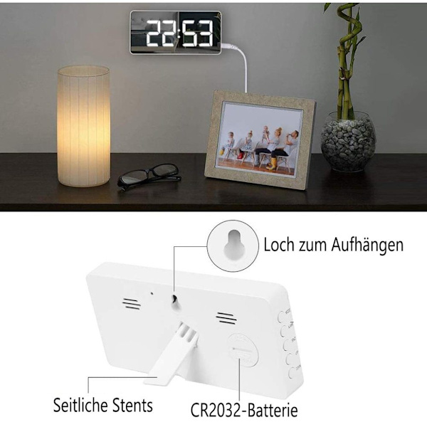 Digital väckarklocka, LED digitalklocka med temperaturvisning, bärbar spegelalarm, bordsklocka, justerbar ljusstyrka
