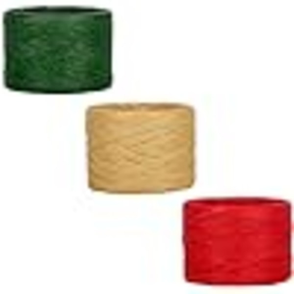 3 Rolls 100M Christmas Raffia Paper Ribbon,Natural Green Red Paper Raffia String