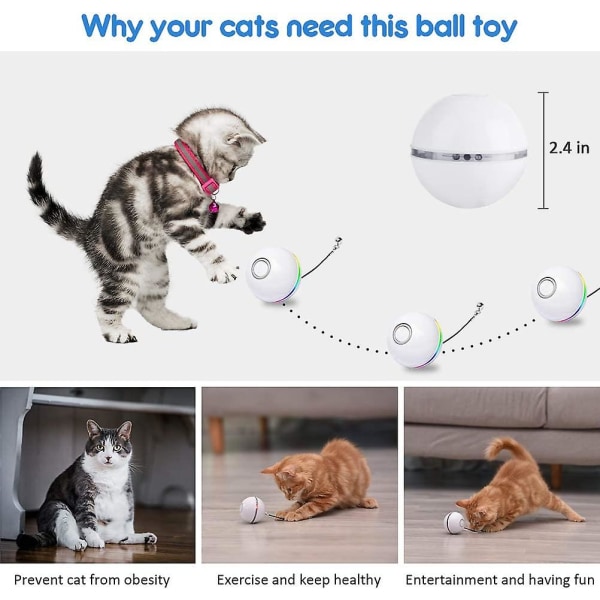 Todelt kattelegetøj, interaktiv kattebold med LED-lys og indendørs katteturtlegetøj, 360 graders automatisk rotation og usb-opladning (hvid)