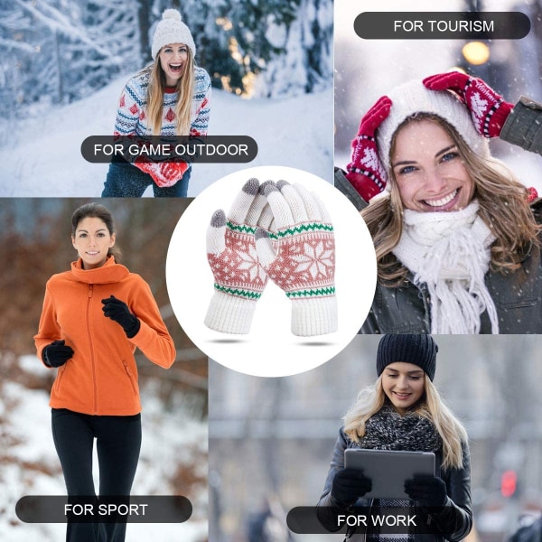 Strikkede hansker for kvinner TouchScreen Vinter Snø Blomsterutskrift Varme votter Unisex