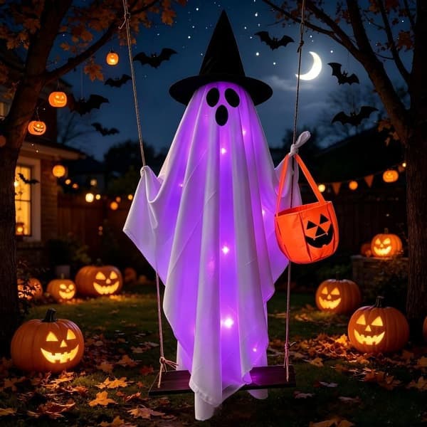 1,5M Hængende Græskar Gynge Spøgelse med Troldmandshat Halloween Udendørs Dekoration (Warm Light)