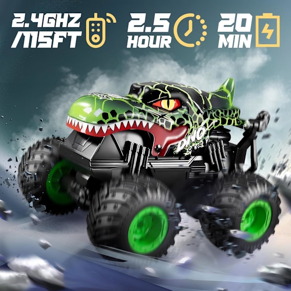 Monster Truck Leksaker, 2.4GHz RC Monster Trucks för Pojkar, 1:20 Dinosaurie RC Bilar med Ljus och Musik, Fjärrstyrd Stuntbil, 360° Snurr, för Barn Green