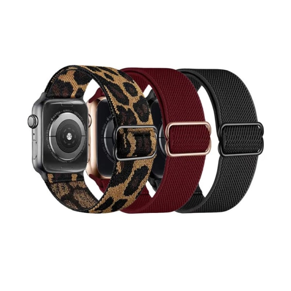 Strækbare nylonsolobånd, der er kompatible med Apple Watch Black/Wine/Leopard 42mm/44mm/45mm/49mm Black/Wine/Leopard