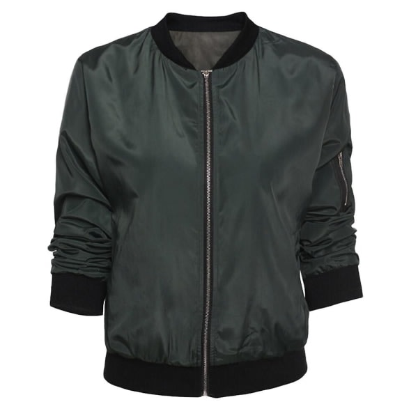 Yynuda Dame Klassisk Ensfarvet Biker Zip Up Crop Bomber Jakke Frakke Grøn XL