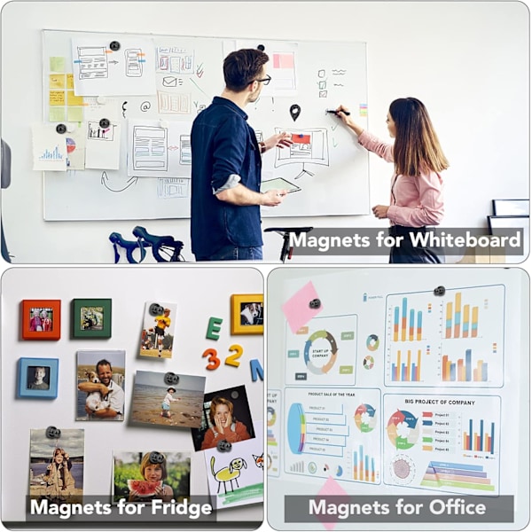 12 st svarta kylskåpsmagneter, små och starka magneter för whiteboard, kontor, klassrum, karta, kökstillbehör, kontorstillbehör