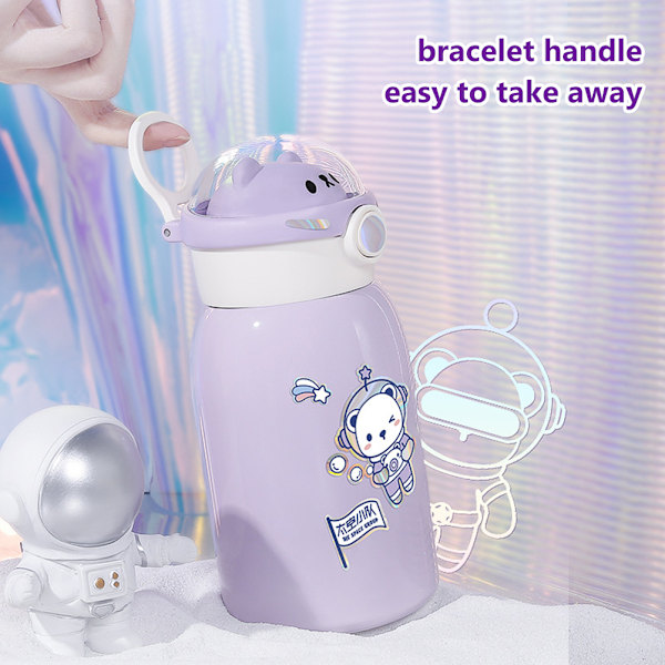 Portabel Kawaii Vattenflaska med Sugrör 500ml Isolerade Vattenflaska i Rostfritt Stål Söt Astronaut Björnar Vattenflaskor för Skola Gym Resa Picknick