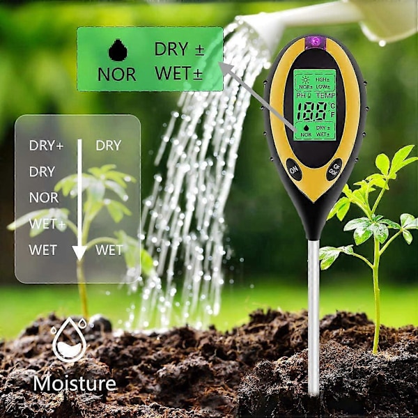 4 i 1 Jordtester til pH-værdi, Lys- og pH-tester til surhedsgrad, Temperatur, Jordfugter, Jordfugtighedstester Sensor til Planter, Havearbejde,