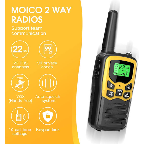 Walkie Talkies med 22 FRS-kanaler, MOICO Walkie Talkies för vuxna med LED-ficklampa VOX Scan LCD-display