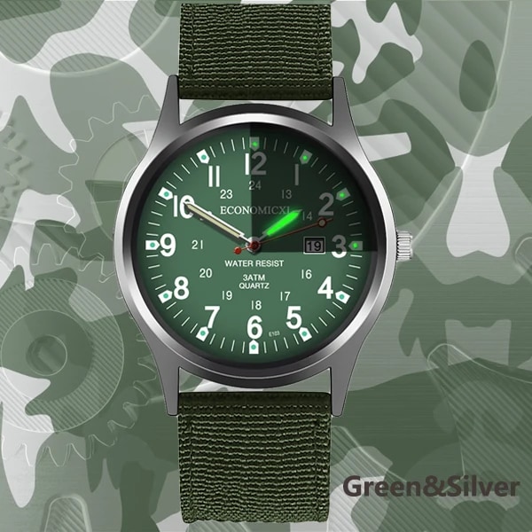 Trendikäs miesten rannekello, hohtava kellotaulu, luksus, sotilas, urheilullinen, päivämäärä, kvartsi, miesten arkikäyttöön, nylon green silver