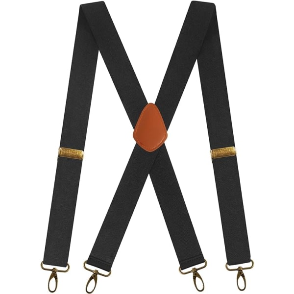 Herreseler med 4 krogclips til bukser, vintage seler til mænd Kraftig justerbar elastisk X-form (sort)