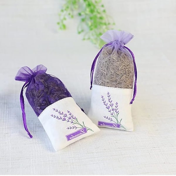 Sachet-poser i netting, lavendelposer, lin, organza, gasbind, gaveposer, sekker for lavendel, krydderier og urter (12 lilla poser med glidelås)