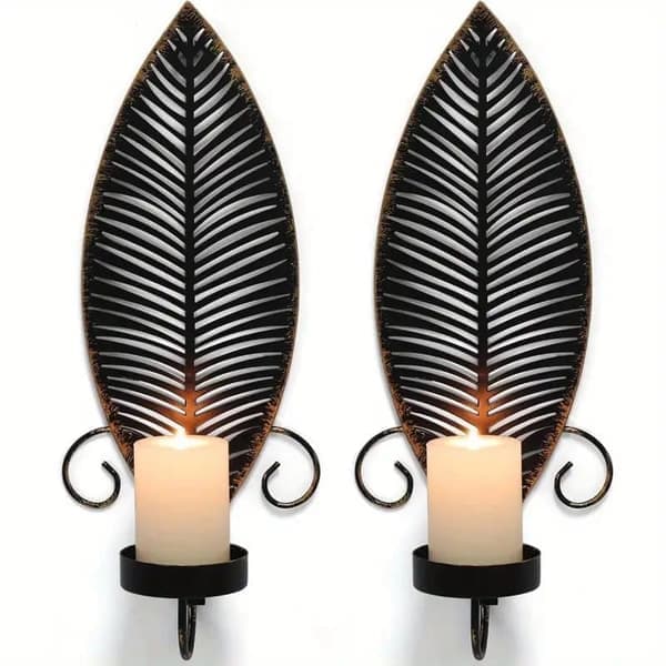 2-pack Metal Wall Sconces – Rustic Table & Wall Decoration without Candles with Leaf Pattern for Home