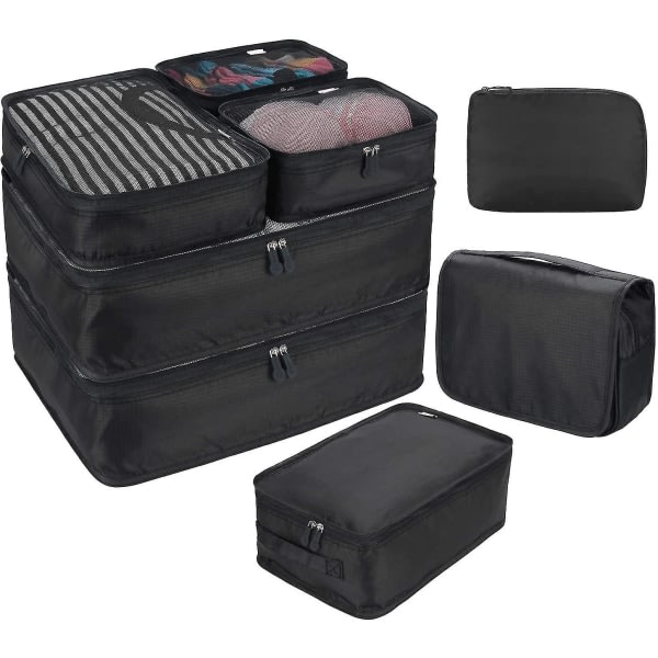 7-Pack Koffert Pakking Kuber Koffert Sett Koffert Organisering Vesker for klær Sko Kosmetikk Toalettsaker 8 Pack Cubes Black