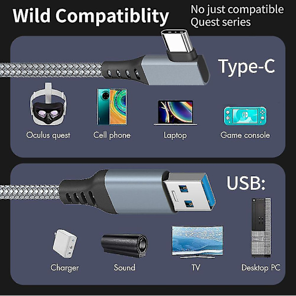 Link-kabel för Oculus Quest 2 Snabbladdning & PC-dataöverföring USB C 3.2 Gen1 5gbps Pd-överföringsladdningskabel Vr-headset Link-kabel Grå Grey 6M