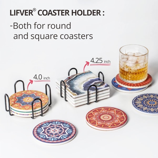 Minimalistiske svarte jernmetall-coasterholdere for både runde og firkantede coasters