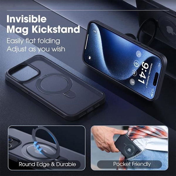 Fodral för iPhone 16 Pro Max, hårt stötsäkert skydd med roterande magnetisk ringhållare - svart