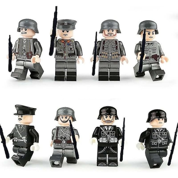 8 stk. militære minifigurer sæt, hær militære minifigurer, tyske militær byggeklodser soldater våben legetøj