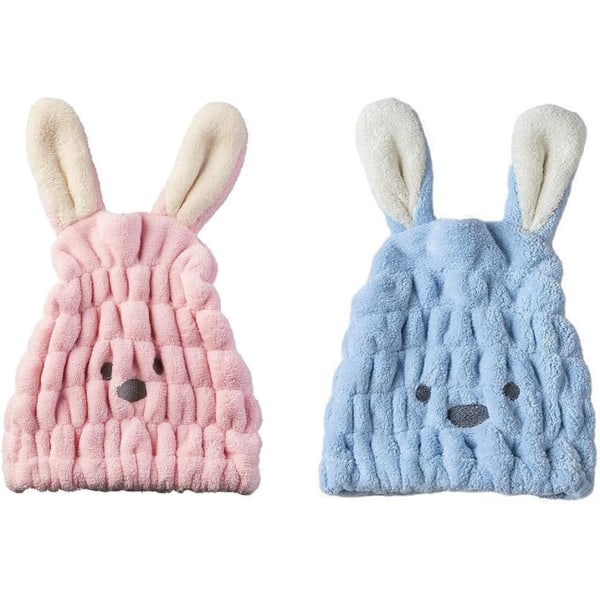 2 stykker hår hurtigttørrende håndklæde mikrofiber tegneserie kaninører Ultraabsorberende svømmehue til kvinder piger Pink og blå (kaniner)