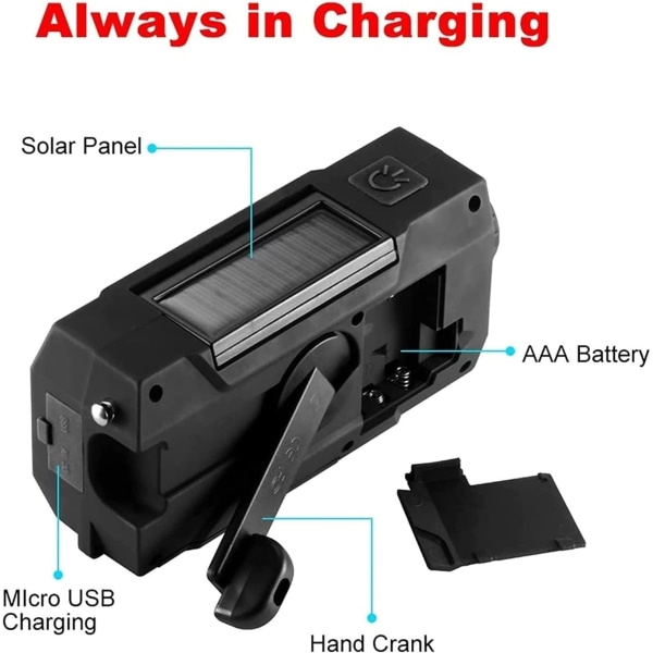 Veivradio med solenergi, nødveivradio med lommelykt og 1000 mAh mobiltelefonlader