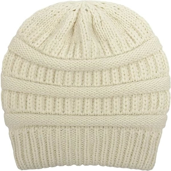 Vinter varm stickad mössa satinfodrad kabelstickad mössa Chunky Slouchy cap för kvinnor (beige)
