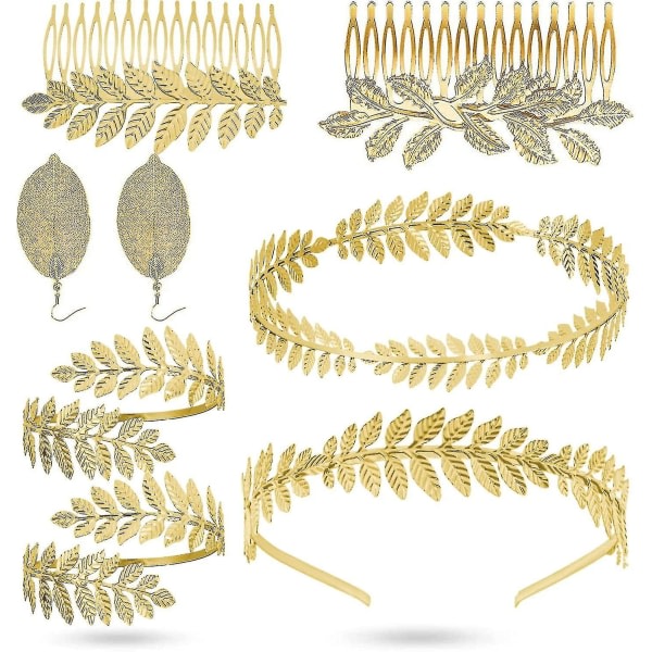 Greek Goddess Pannband, 8 delar Greek Goddess Pannband Krona, Roman Leaf Crown, Roman Laurel Armband Leaf Pannband Hårband för kvinnor
