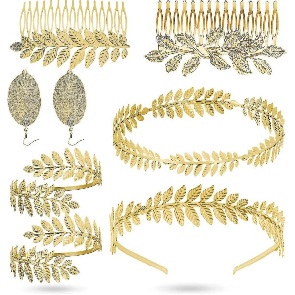 Gresk gudinne pannebånd, 8 stykker gresk gudinne pannebånd krone, romersk bladkrone, romersk laurbærarmbånd blad pannebånd hårbånd for kvinner