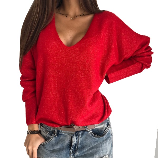 V-hals kvinders strikket Henry Top Casual Langærmet Sweater Sweater Bluse Rød Röd S