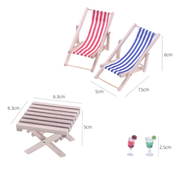 Sett Mini solseng Miniatyr dekorativ bordstol Lounge strandstol Mini sammenleggbar stol（6.3X6.3X5CM，assortert farge）