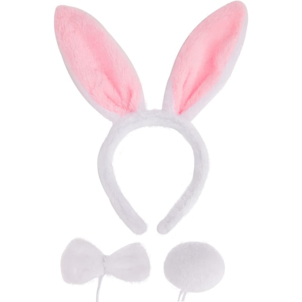 Påskehareøresett, 3-delt plysj kaninører pannebånd Sløyfe og hale for Halloween Cosplay Party Dress Up tilbehør (hvit + rosa)