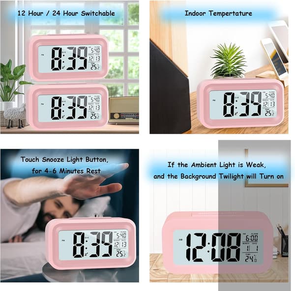 Digital väckarklocka med temperaturvisning, smart ljusstyrkesensor, rosa för hem och sovrum