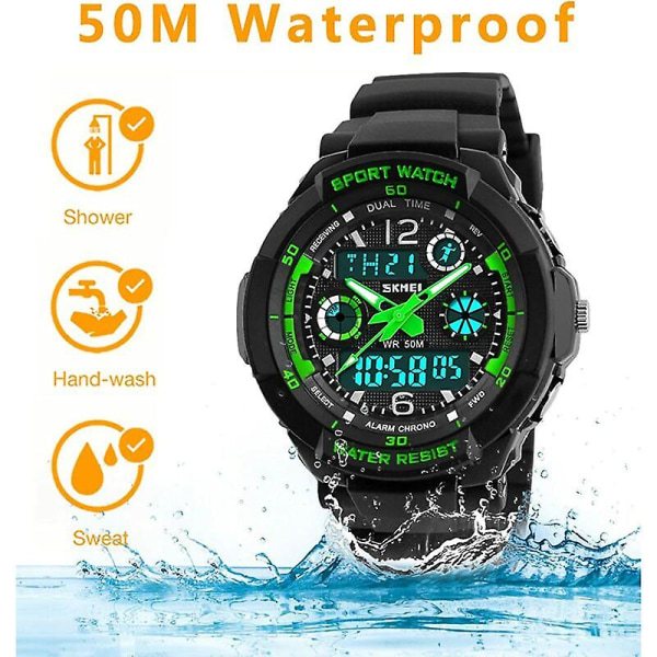 Digitala klockor för barn pojkar - 50 m vattentät utomhussport analog watch med larm/timer/dubbel tidszon/led-ljus