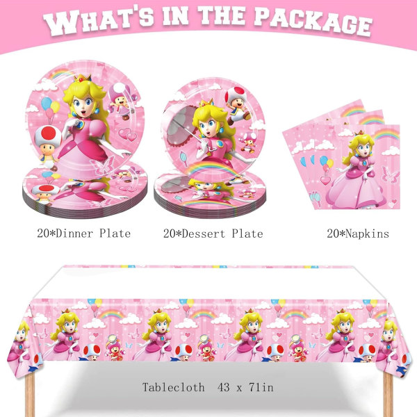 Princess Peach födelsedagsfest bordsartiklar - Princess Peach tallrikar och servetter Födelsedagsfesttillbehör för 20 gäster