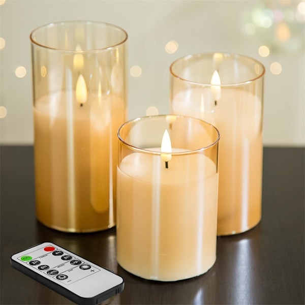 Gold Glass Flameless Candles Flickering, Realistic Battery Operated Electric LED Candles with Remote D 3" H 4" 5" 6"