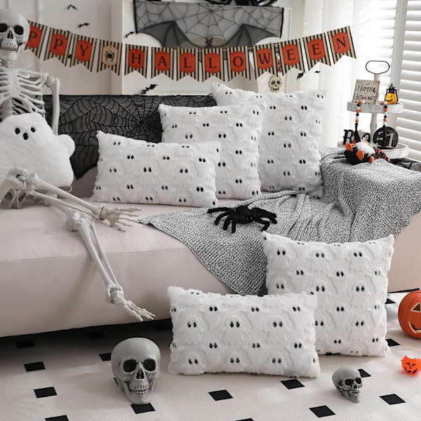 Halloween Kuddfodral 18x18 tum Set om 2 Vita Spöke Kuddfodral Mjuk Plysch Konstgjord Päls Ull Soffa Säng Vardagsrum Heminredning