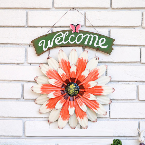 Välkomstskylt Ornament Simulering Metall Solros Fjäril Väggkonst Hängande Gård Staket Dekoration för Hem Utomhus White Welcome Plate