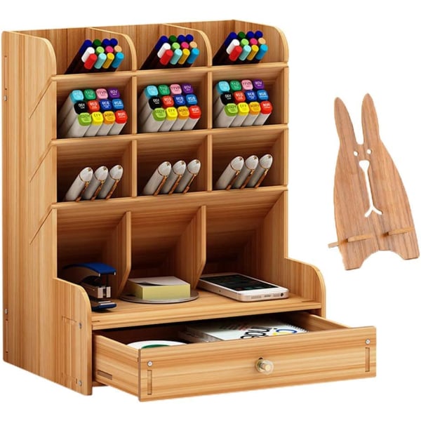 Træskrivebordsarrangør Multifunktionel skrivebordspapir Penholderæske til hjemmekontor Skoleartikler Opbevaringsholder med skuffe (kirsebær)