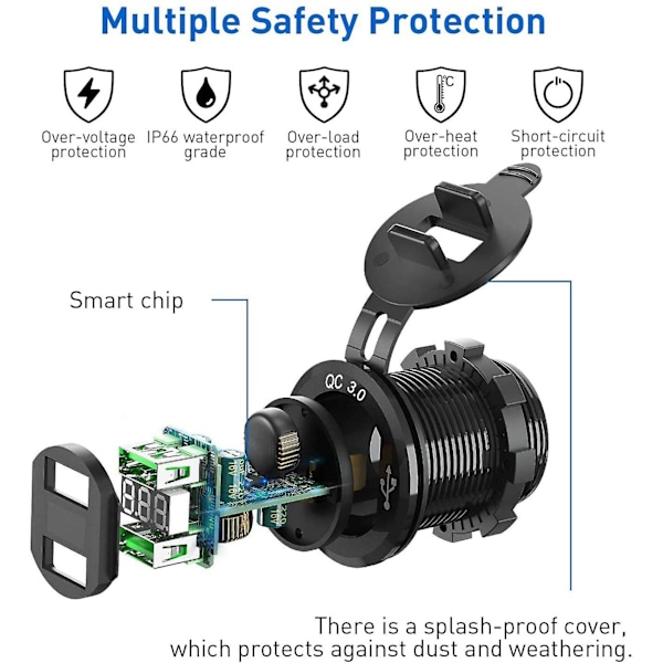 12V USB-uttak, Dobbel QC 3.0 USB-billader med strømbryter, 36W USB vanntett lader (bare Wi-adapter)