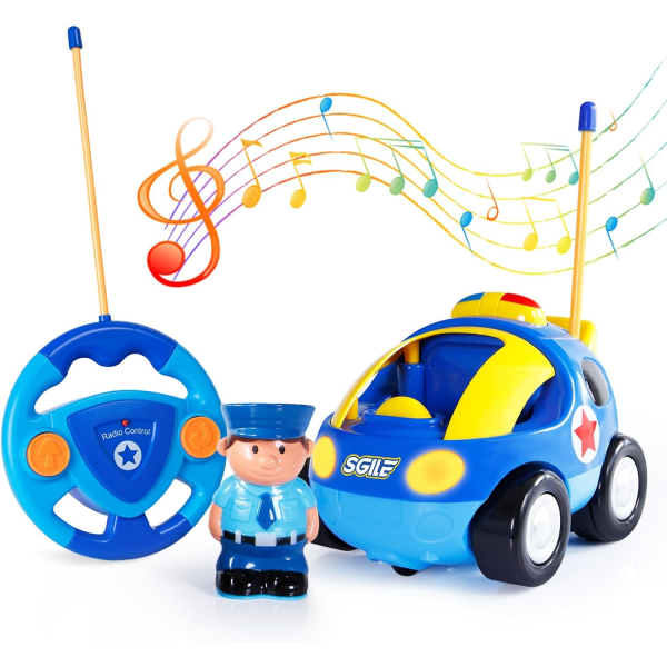 RC politi tegneseriebil med lyd og lys, Legetøj til baby fjernbetjening bil legetøj fødselsdagsgave til småbørn