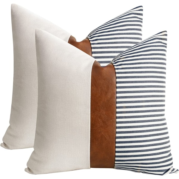 cygnus Set of 2 Farmhouse Decor Stripe Patchwork Linen Throw Pillow Covers,Modern Tan Faux Leather Accent Pillow Covers 18x18 inch,blue