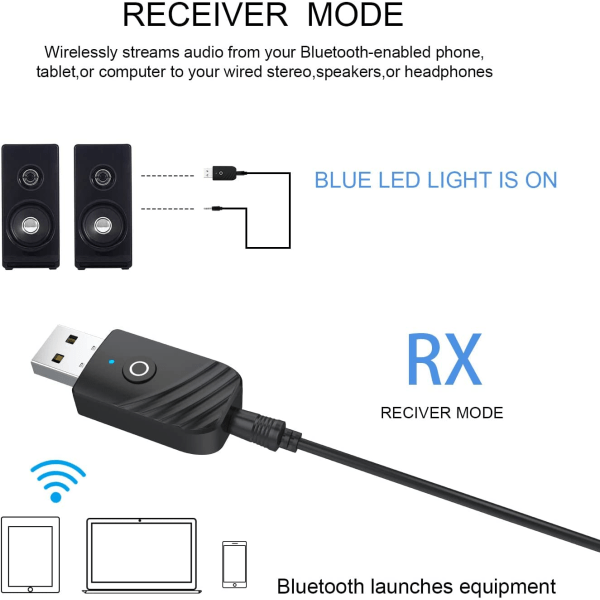 Bluetooth 5.0-adapter, AUX-lydadapter til Bluetooth-højttaler