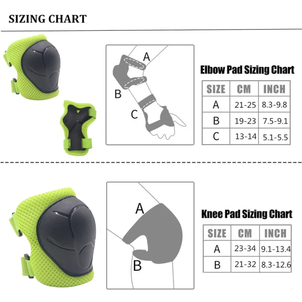 Set for Kids - 6 in 1 Knee Pads Elbow Pads Wrist Pads for Inline Cycling Roller Skating Skateboard - Protection (Green)