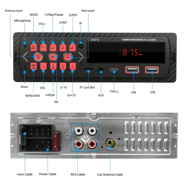 12V bilradiospiller Stereo FM MP3 USB SD AUX Audio