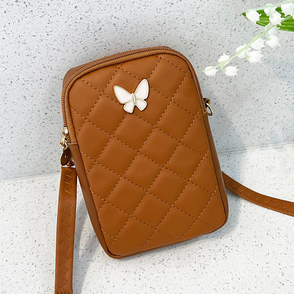 PU-läder axelväska broderade mobiltelefonfodral Brown